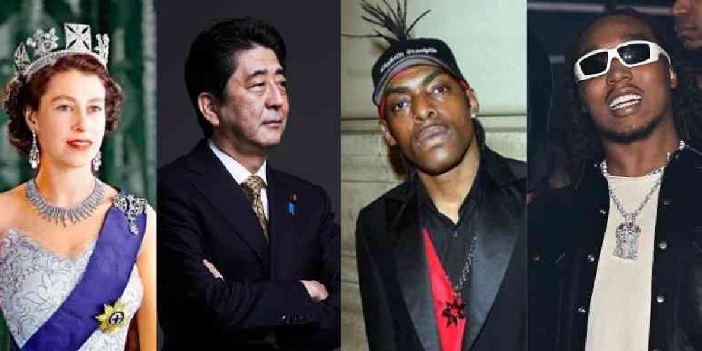 A collage of Queen Elizabeth II, former Japanese Prime Minister Shinzo Abe, rapper Coolio and Take Off.